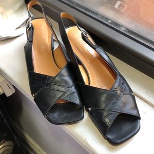 Black Leather Slingback Sandals with Croc-Textured Straps